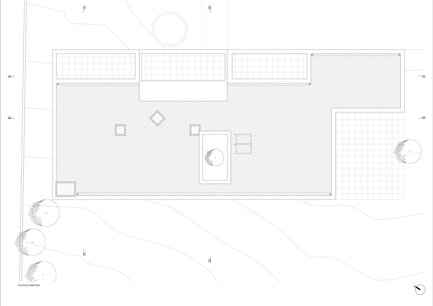Roof plan drawing showing clerestory glazing and textured terrace surfaces with central water feature