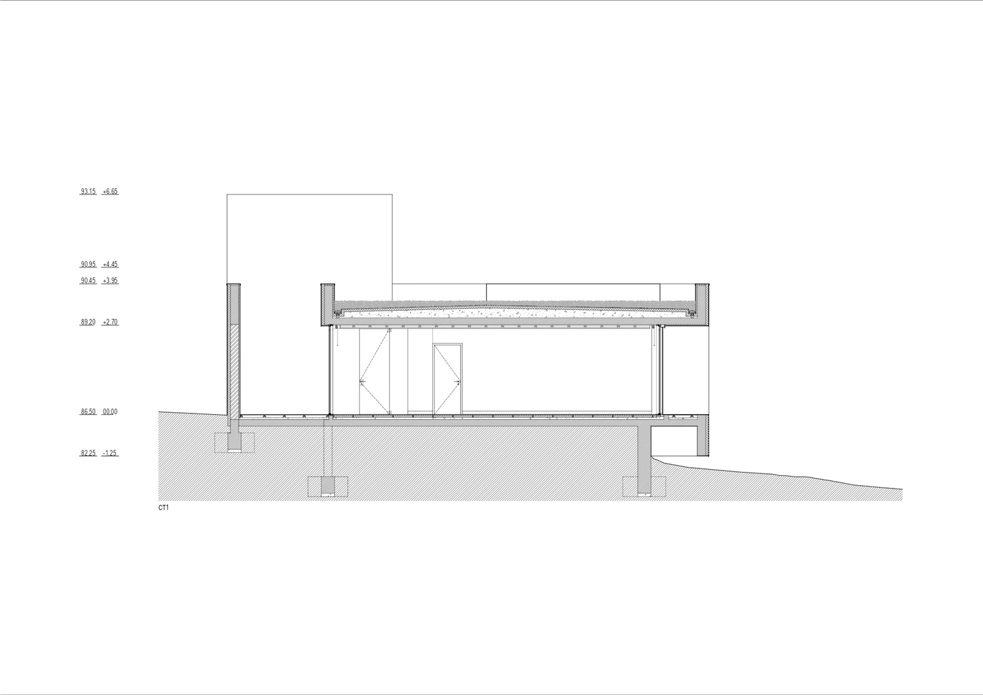 Section drawing showing timber roof structure with exposed joists over interior volumes and sloping grade