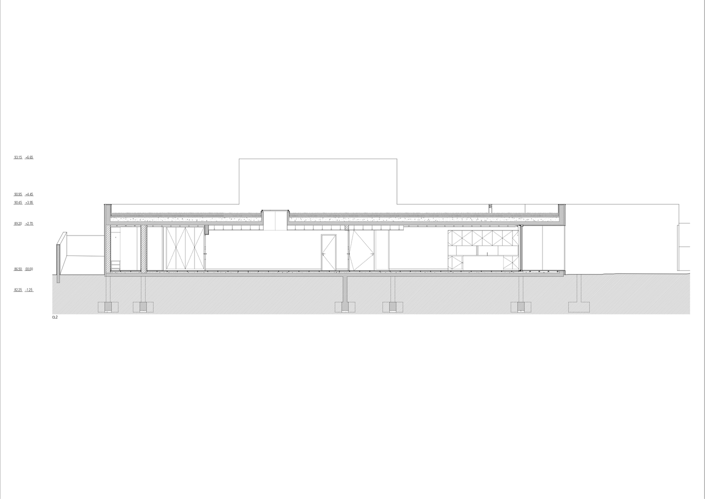 Section drawing showing linear volumes with varying ceiling heights elevated on columns above sloped ground
