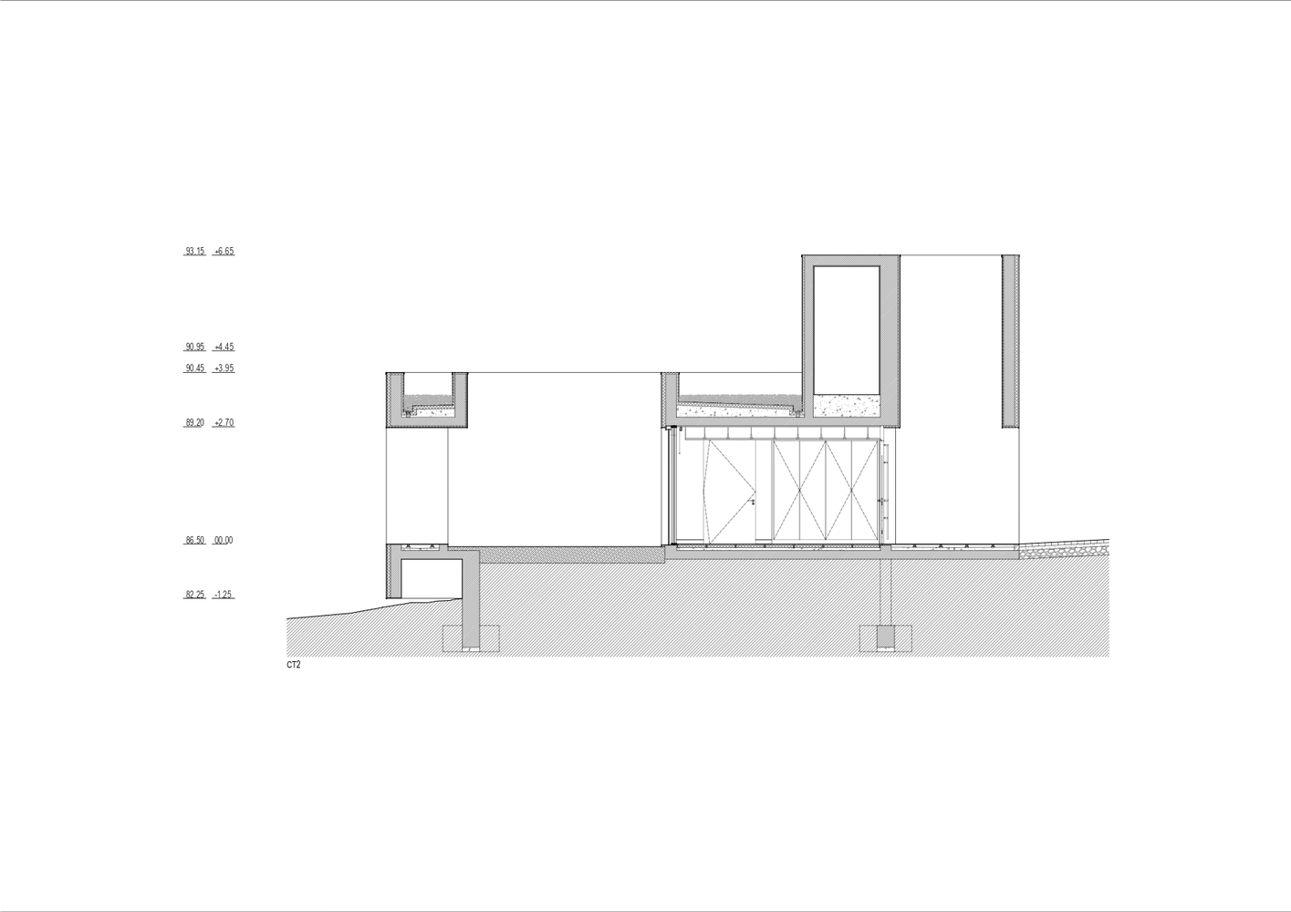 Detail section showing foundation connection and floor assembly at grade with hatched earth
