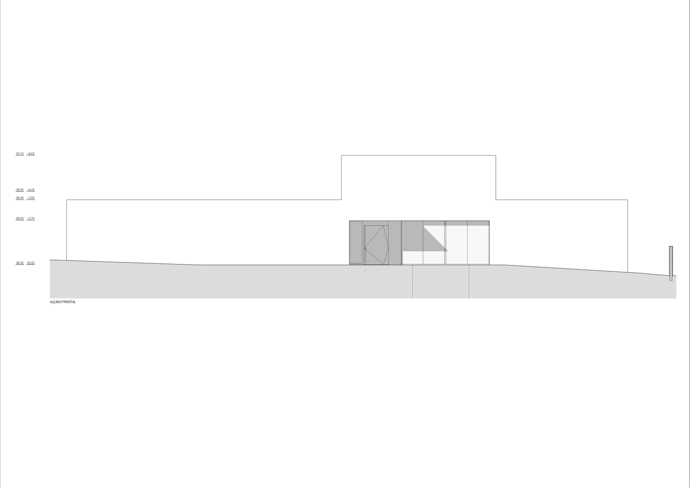 Elevation drawing showing horizontal composition with central raised volume and minimal ground articulation