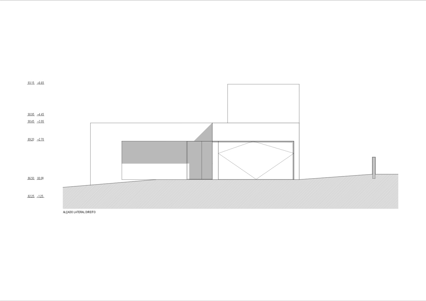 Elevation drawing illustrating stacked rectangular forms with recessed openings on sloping terrain