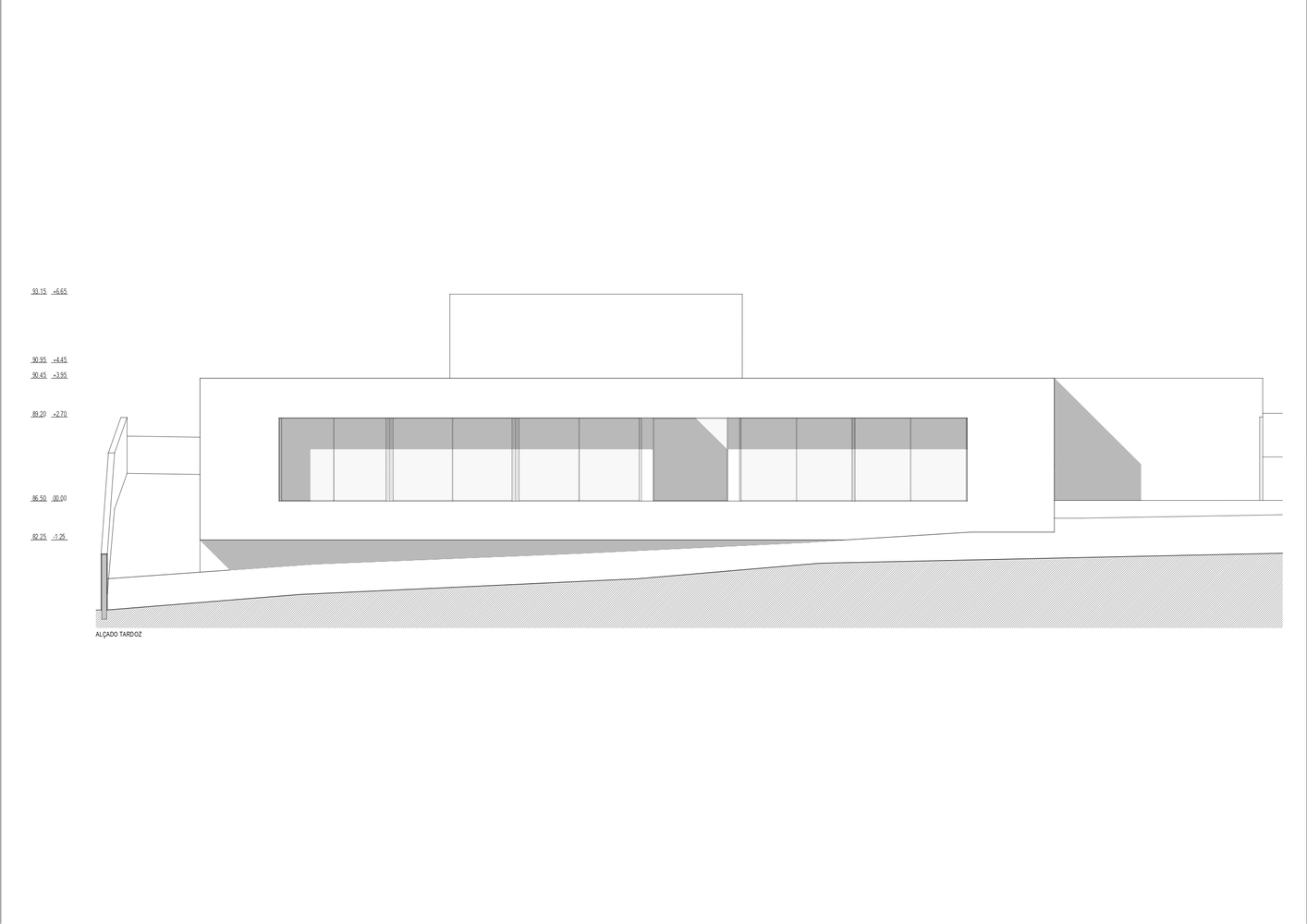 Elevation drawing showing a long horizontal building with gridded facade and sloping site