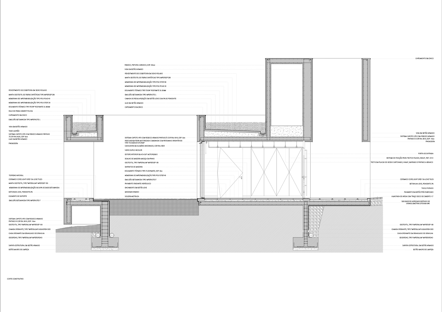 Construction section detail showing window jamb and sill with material layers and annotations