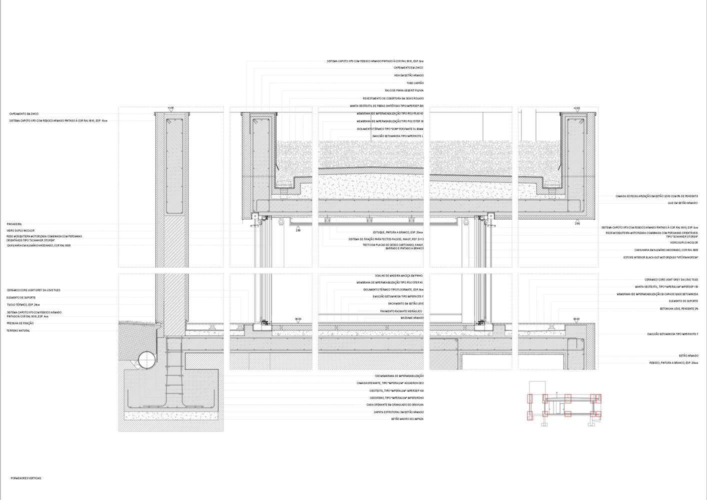 Facade detail section showing window mullion and floor slab connections with layered assemblies