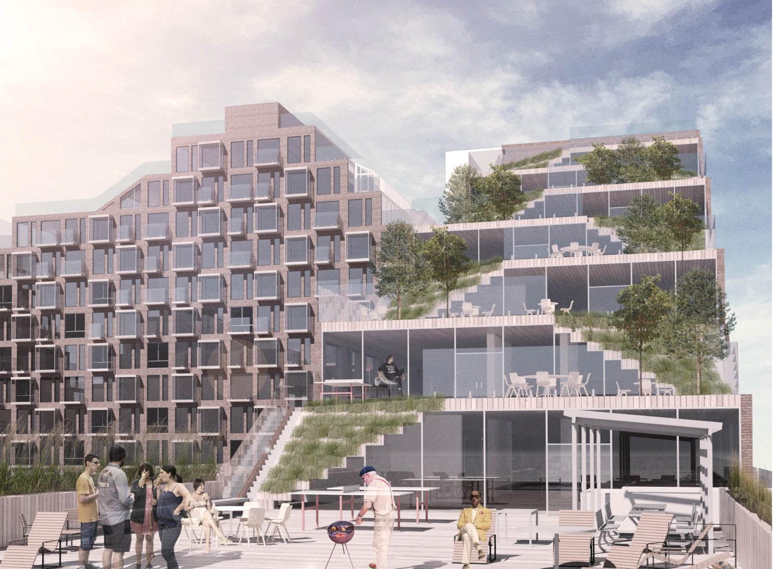 Exterior view of the stepped terraces with mature trees on each level, a ping pong table and sun loungers at ground level, and glass-fronted communal spaces below