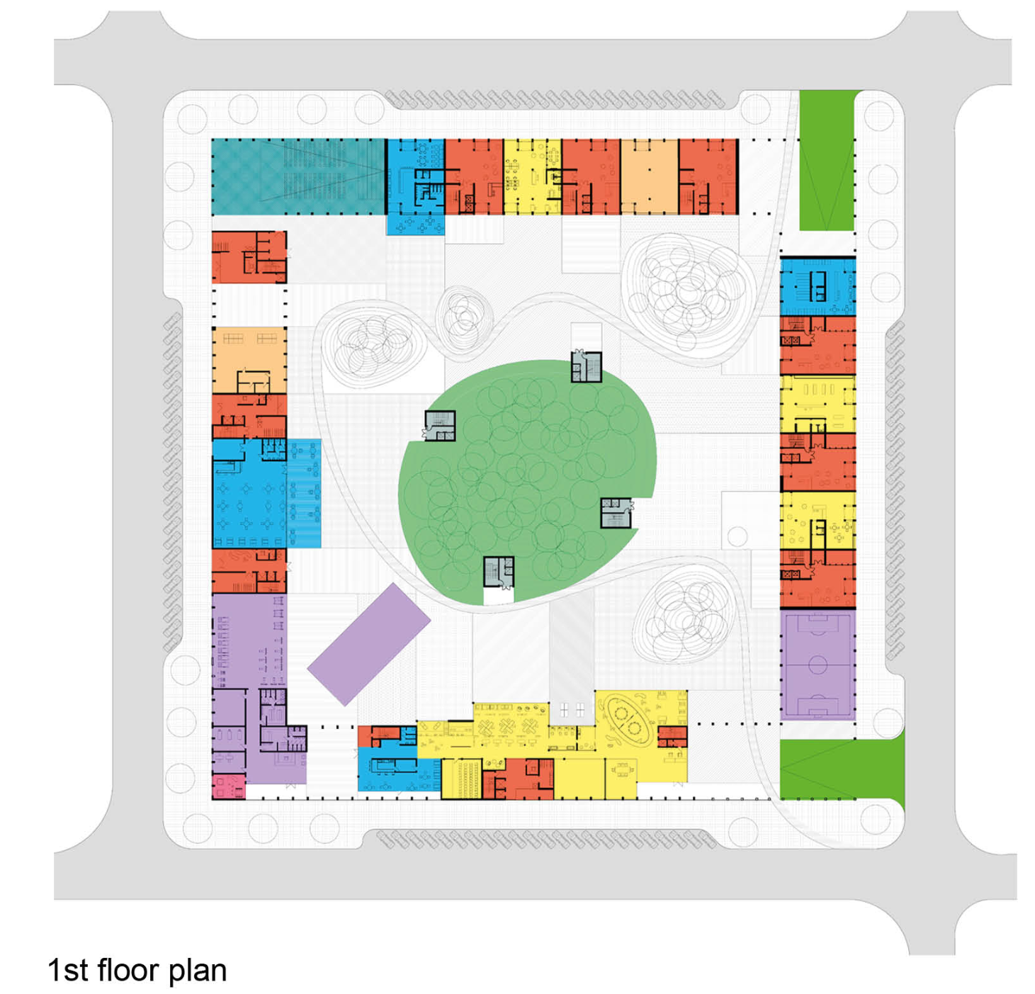 First floor plan: colour-coded apartment units (families, singles, shared) arranged around a central green courtyard with landscaped paths