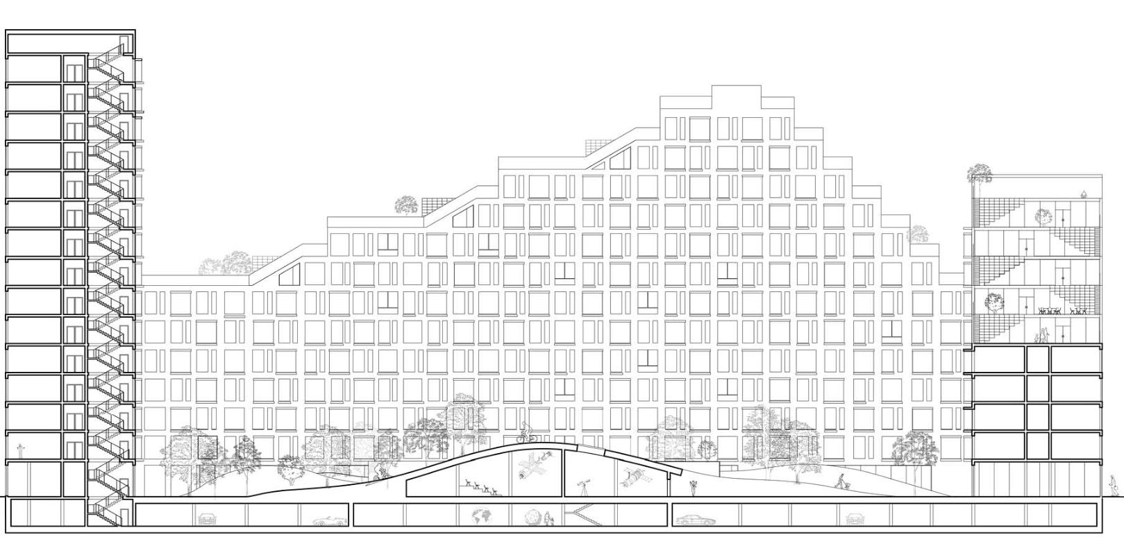 Building section showing the stepped massing: residential windows on every level, ground-floor retail and cafes, and planted terraces at each step-back