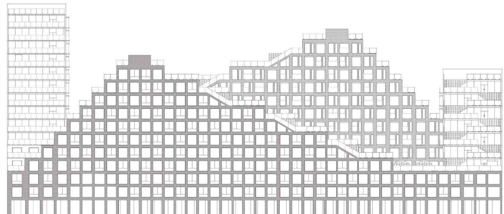 Longitudinal section showing the stepped profile with diagonal circulation ramps connecting levels, ground-level public programme, and the courtyard at the centre