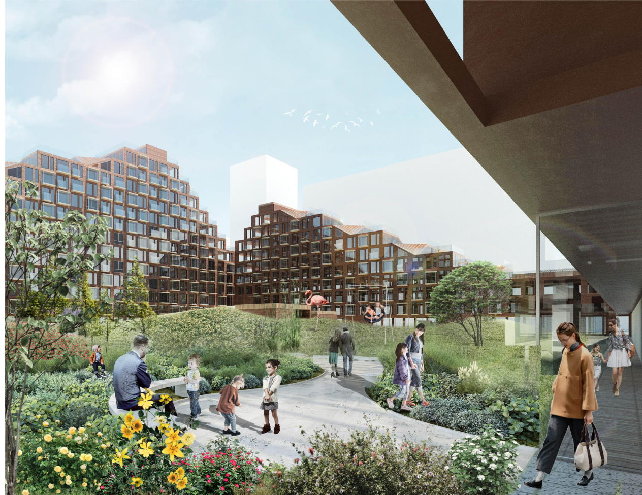 Street-level view through a covered walkway into the central courtyard: terraced residential blocks, planted gardens, flowers, and children playing on paths