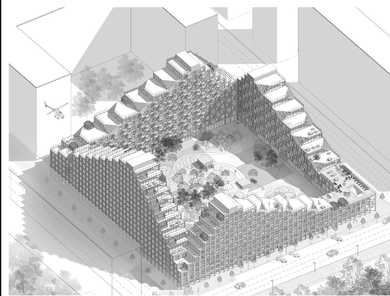 Aerial axonometric of the full building: a terraced pyramid form wrapping around a central courtyard garden, with rooftop terraces cascading down on all sides