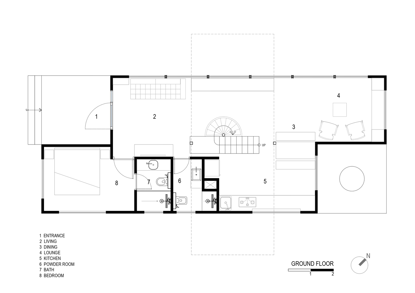Ground floor plan drawing showing entrance, living spaces, kitchen, and bedroom arranged in linear layout