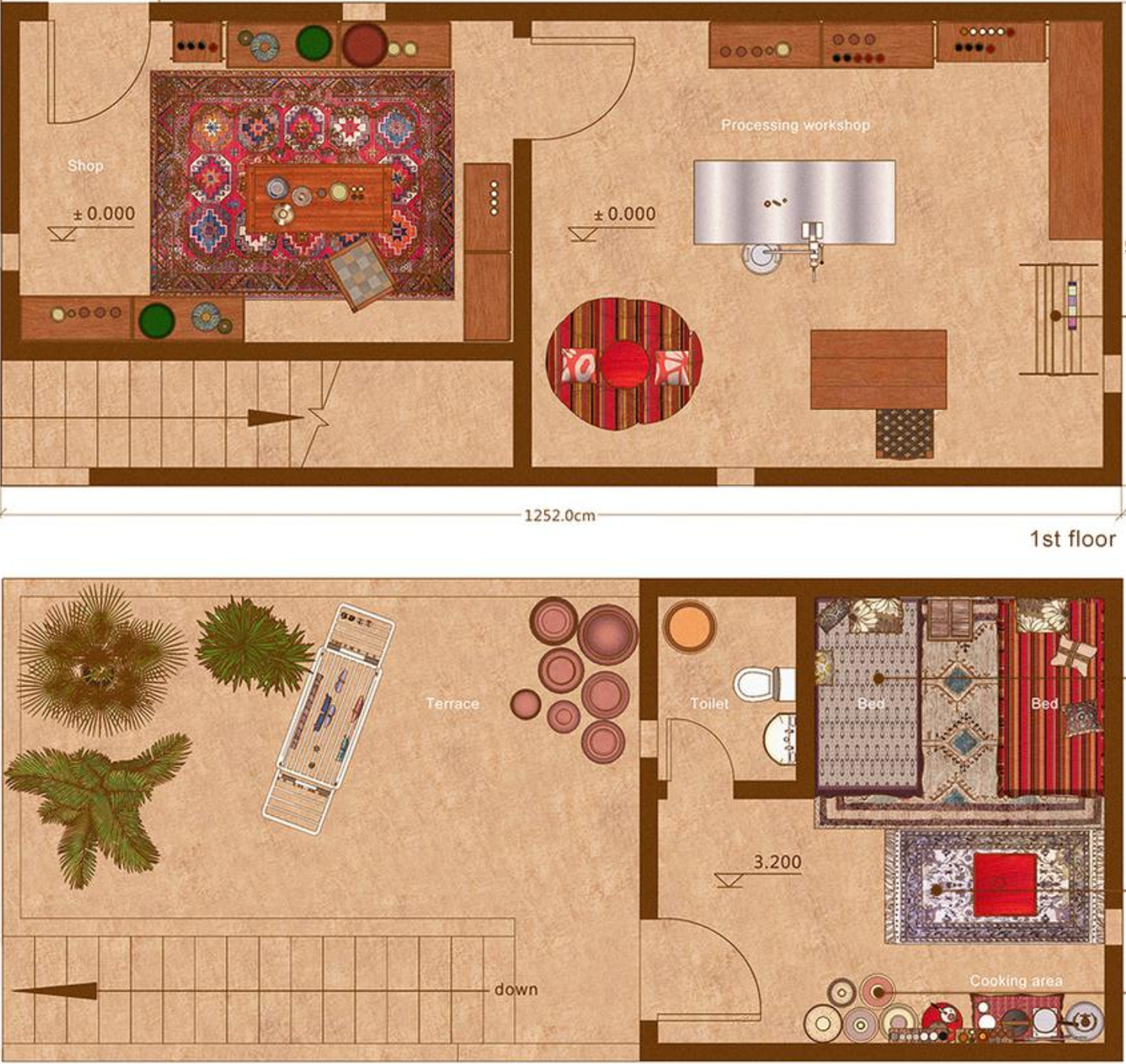 A vibrant market space central to the community's social and economic activities, designed with solar-powered shelters.