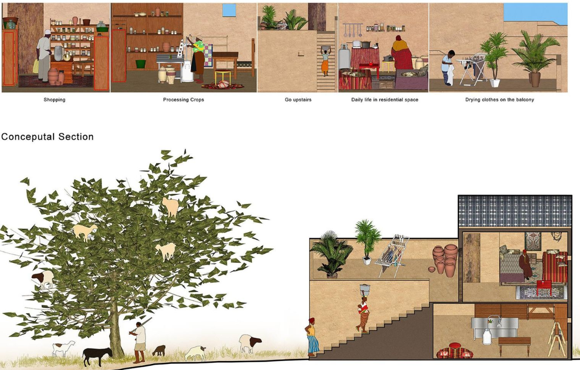 A conceptual section displaying the harmony of living, agriculture, and energy-efficient architecture.