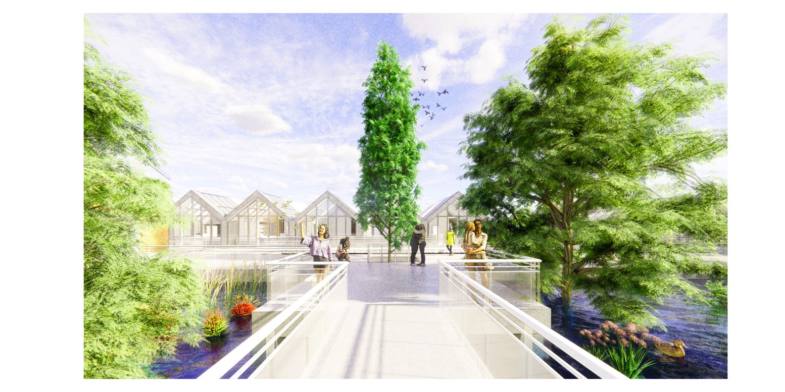 Elevated walkways surrounded by greenery, offering serene spaces for community engagement.