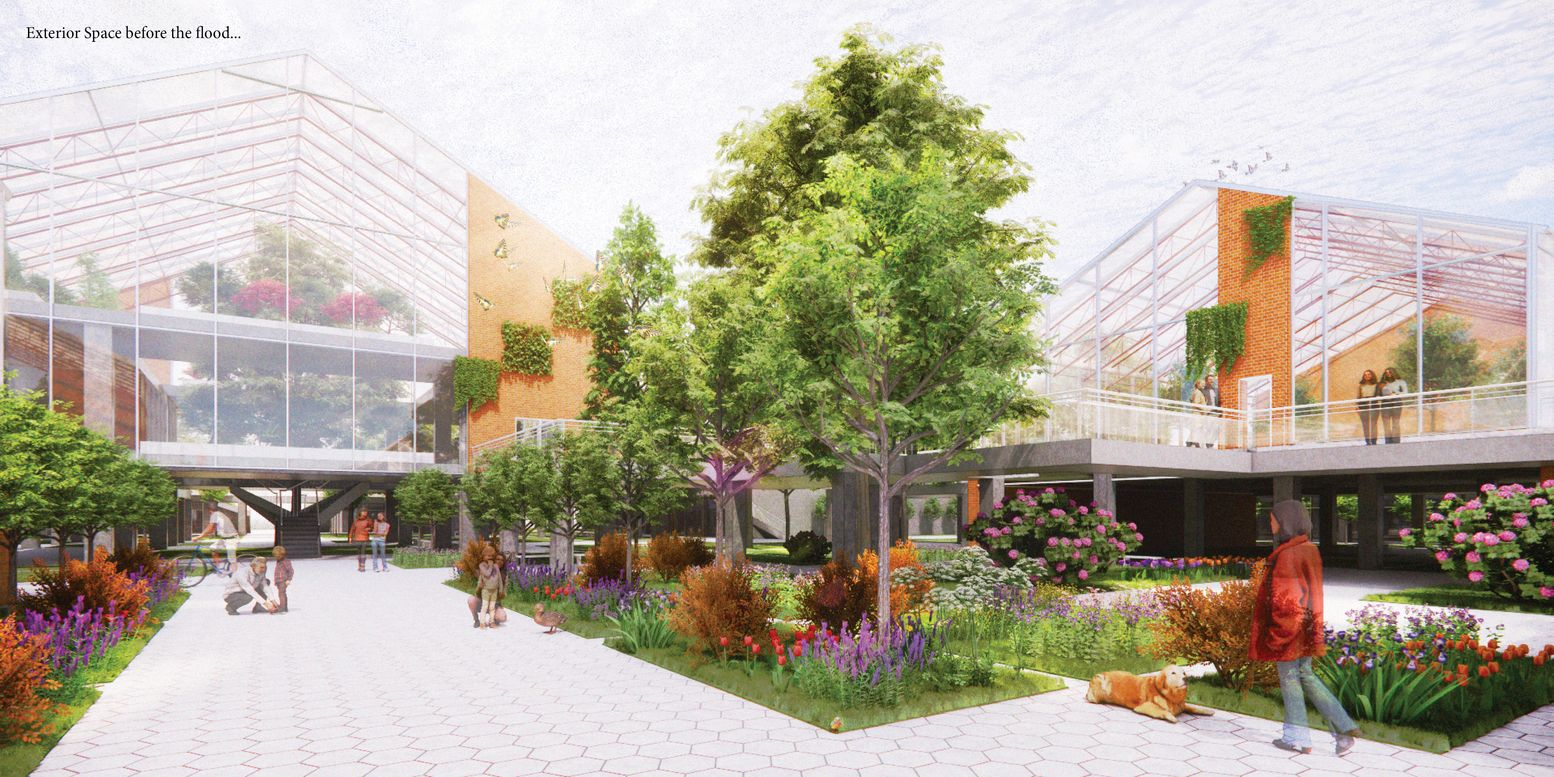 A bustling courtyard showcasing life in Ohana before potential flooding.