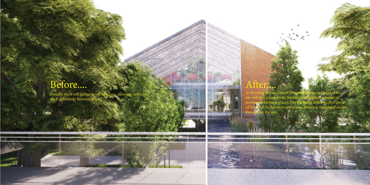 A comparative view of the site before and after implementing flood-resilient measures.