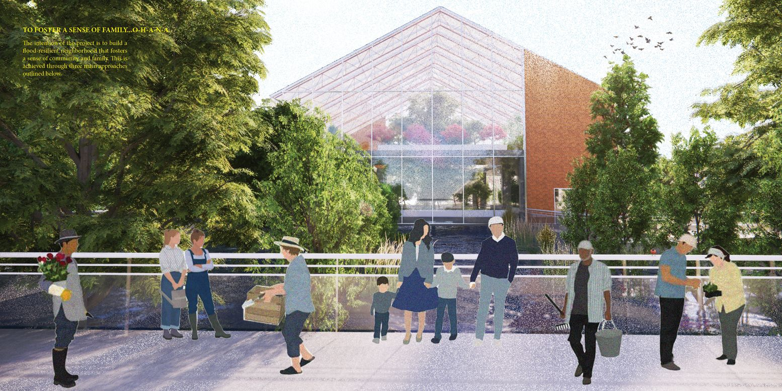 A vibrant depiction of families and community members connecting amidst lush greenery.