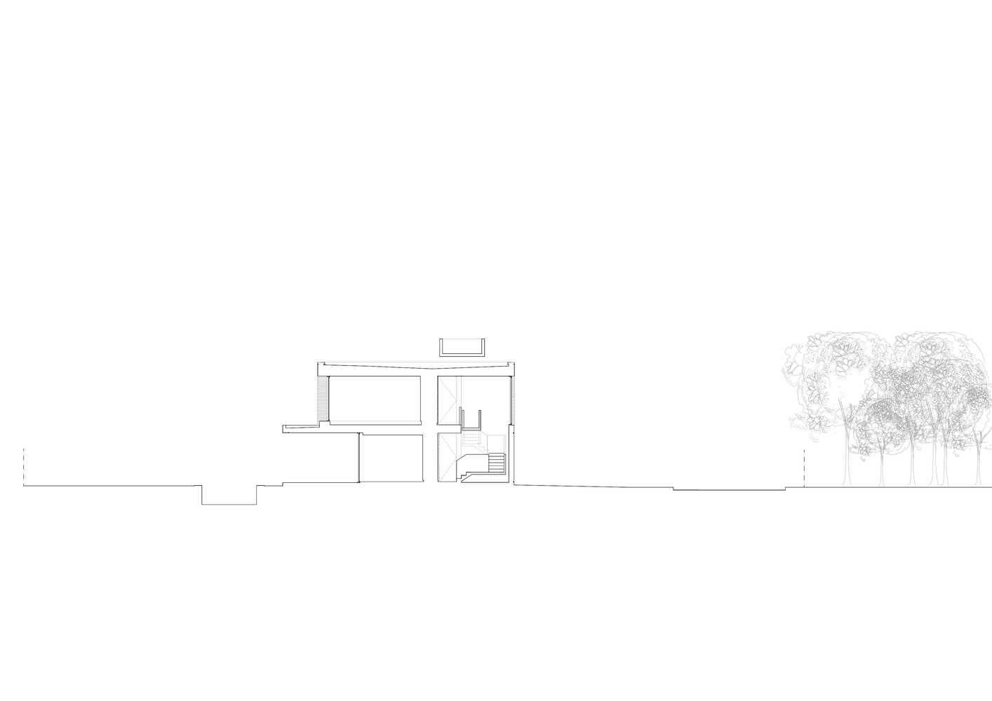Section through stair: two-storey volume, porch overhang, reserve trees at grade
