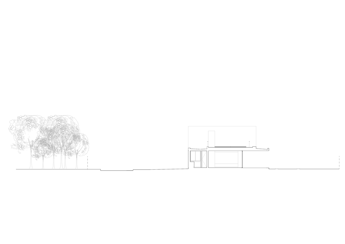 Longitudinal section from the reserve side: brick volume, glass living room, garden