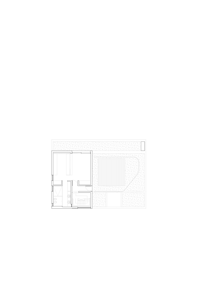 Upper-floor plan: bedrooms, terrace with curved planting bed, stair