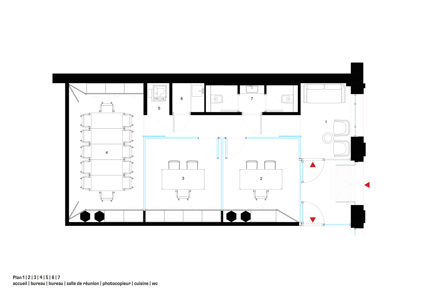 Floor plan: reception, two offices, meeting room, copier area, kitchen, WC, glass partitions shown in blue