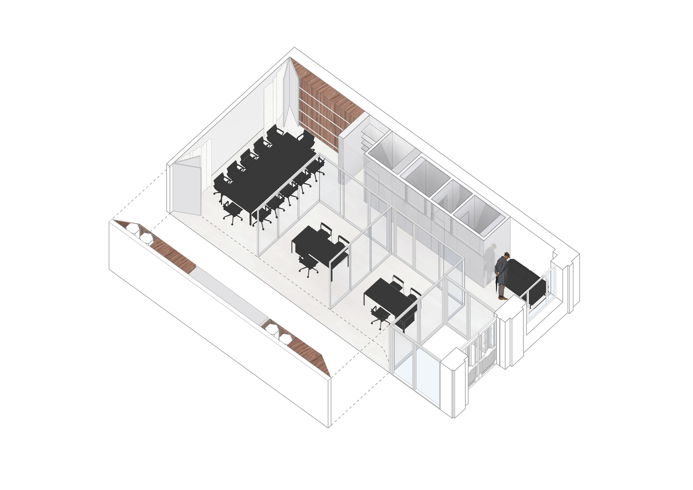 Axonometric: full office layout with walnut feature wall, glass partitions, desks, meeting table, service rooms at rear