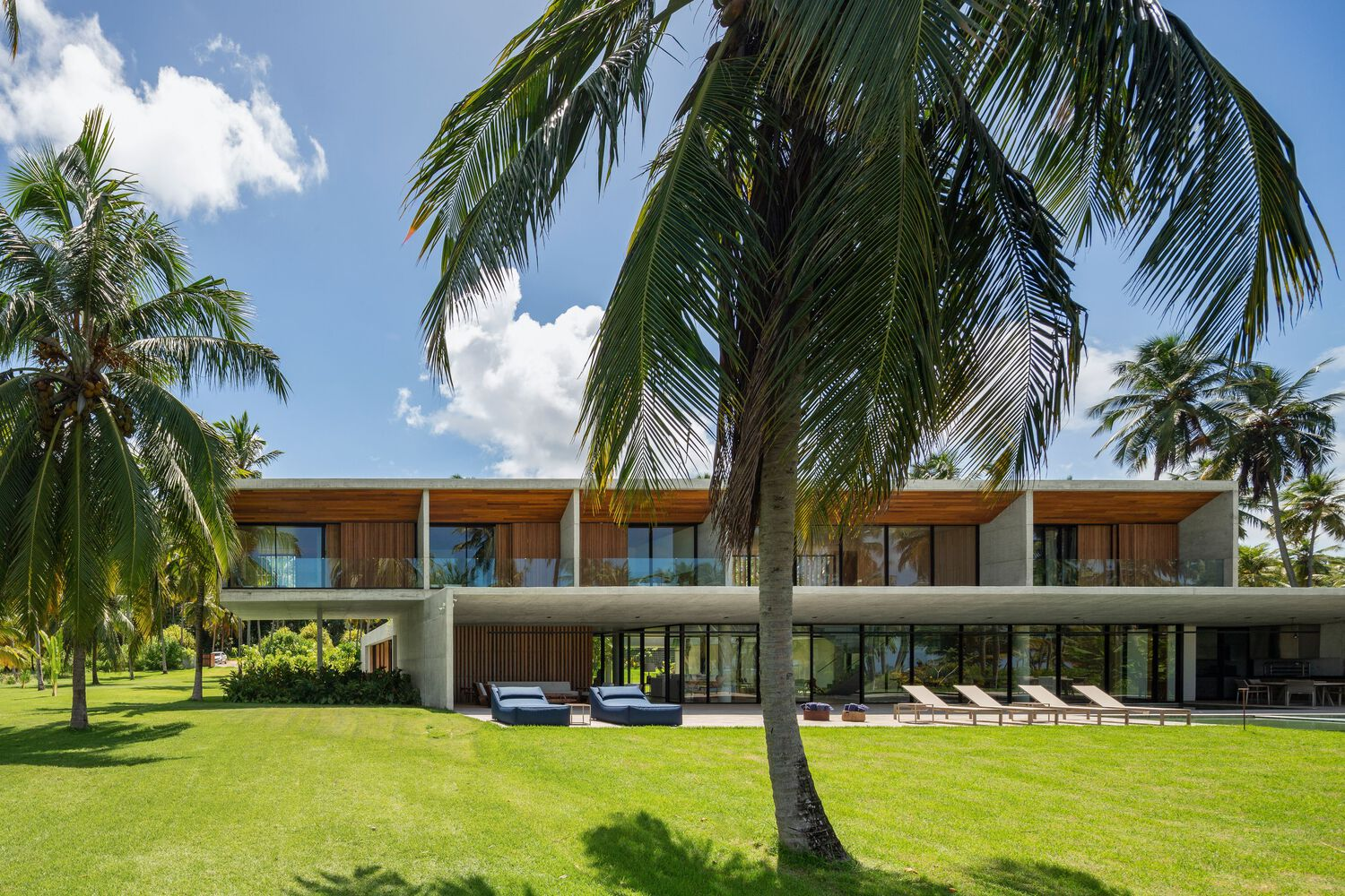 Garden side: upper bedrooms with timber screens, ground-floor living behind full-height glass, palms