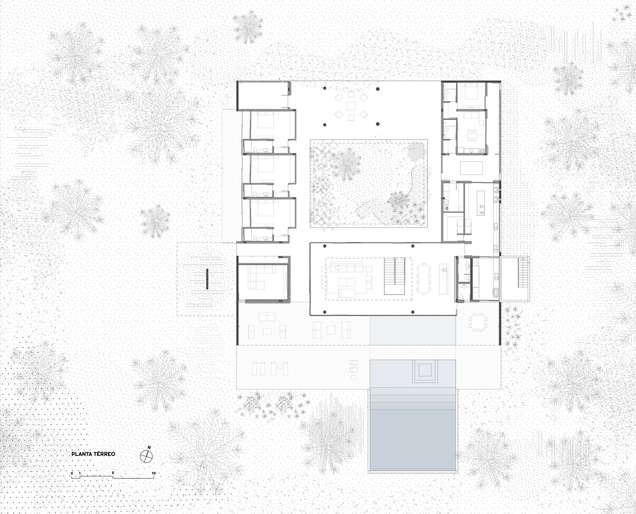 Ground-floor plan: two volumes connected by internal garden, pool, and covered terrace