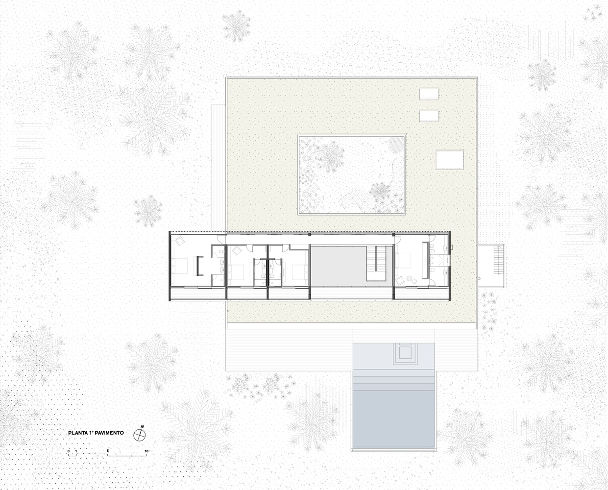 Upper-floor plan: bedroom wing cantilevered over the garden, corridor overlooking void