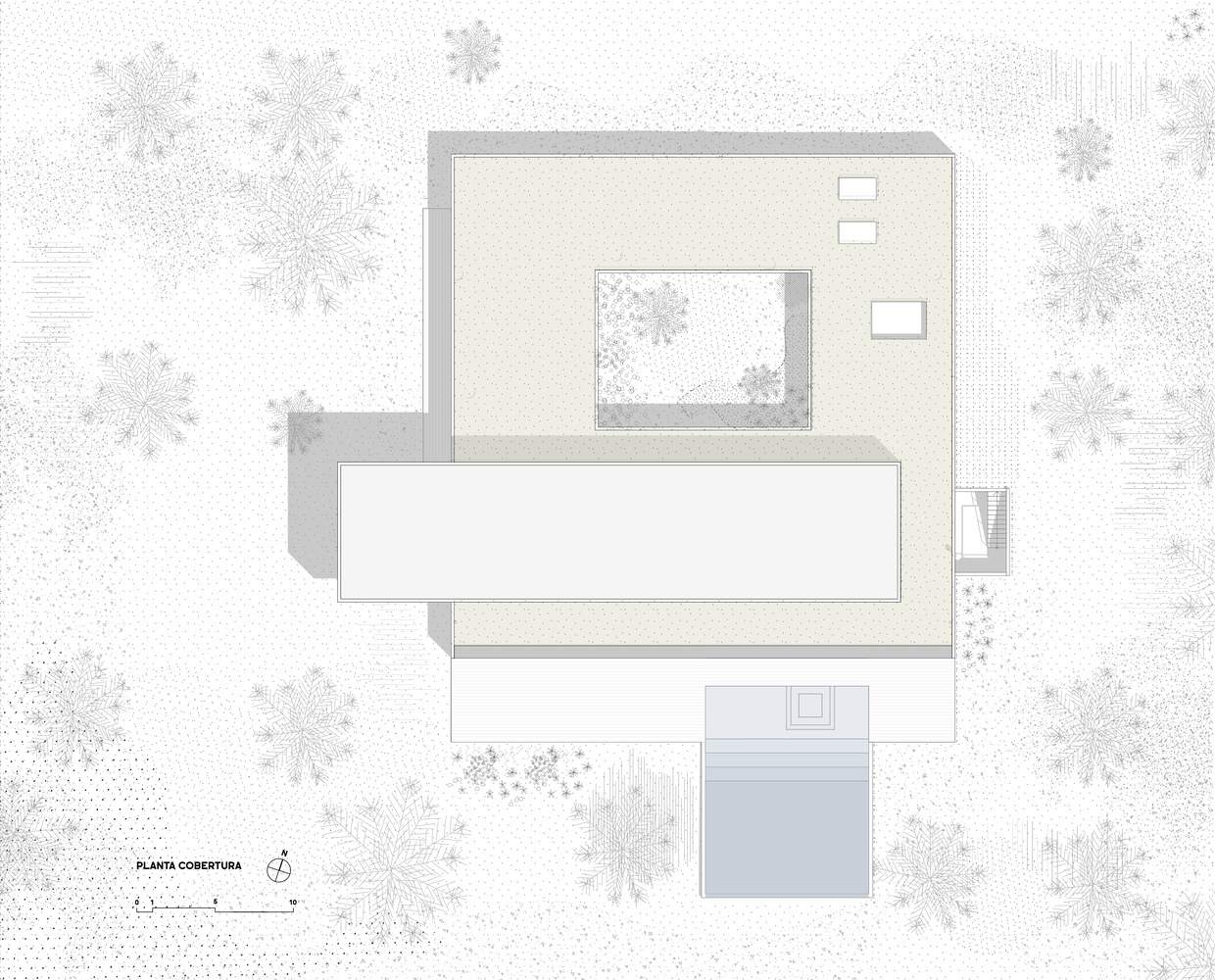 Roof plan: green roofs over both volumes, skylights, and internal courtyard