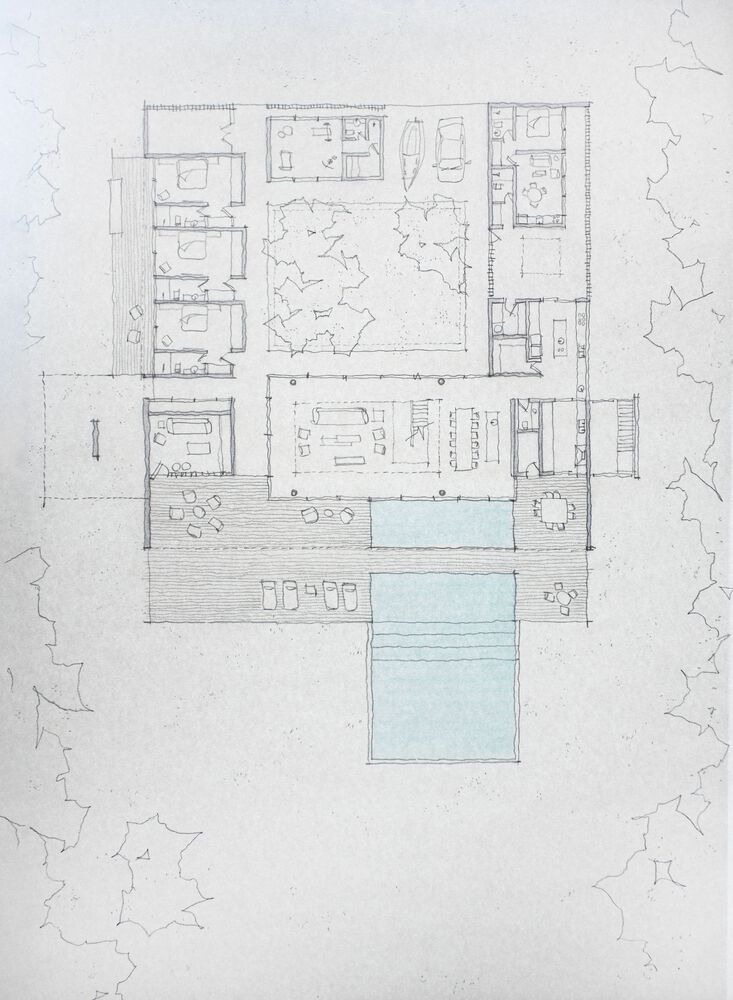 Hand-drawn ground-floor plan with watercolour planting