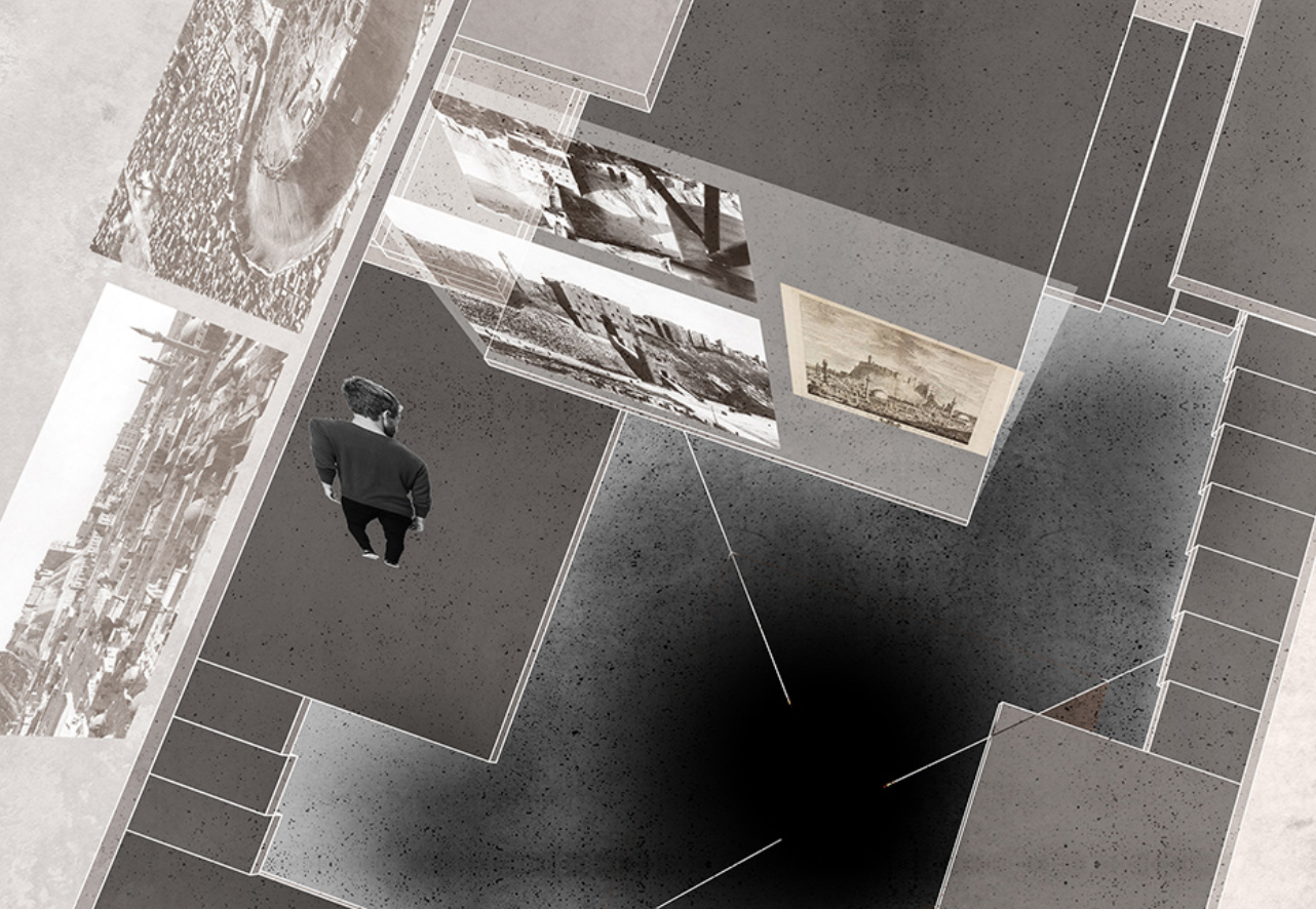 Descending into the void of forgotten histories, where layered memories and lost landscapes converge in architectural reflection.
