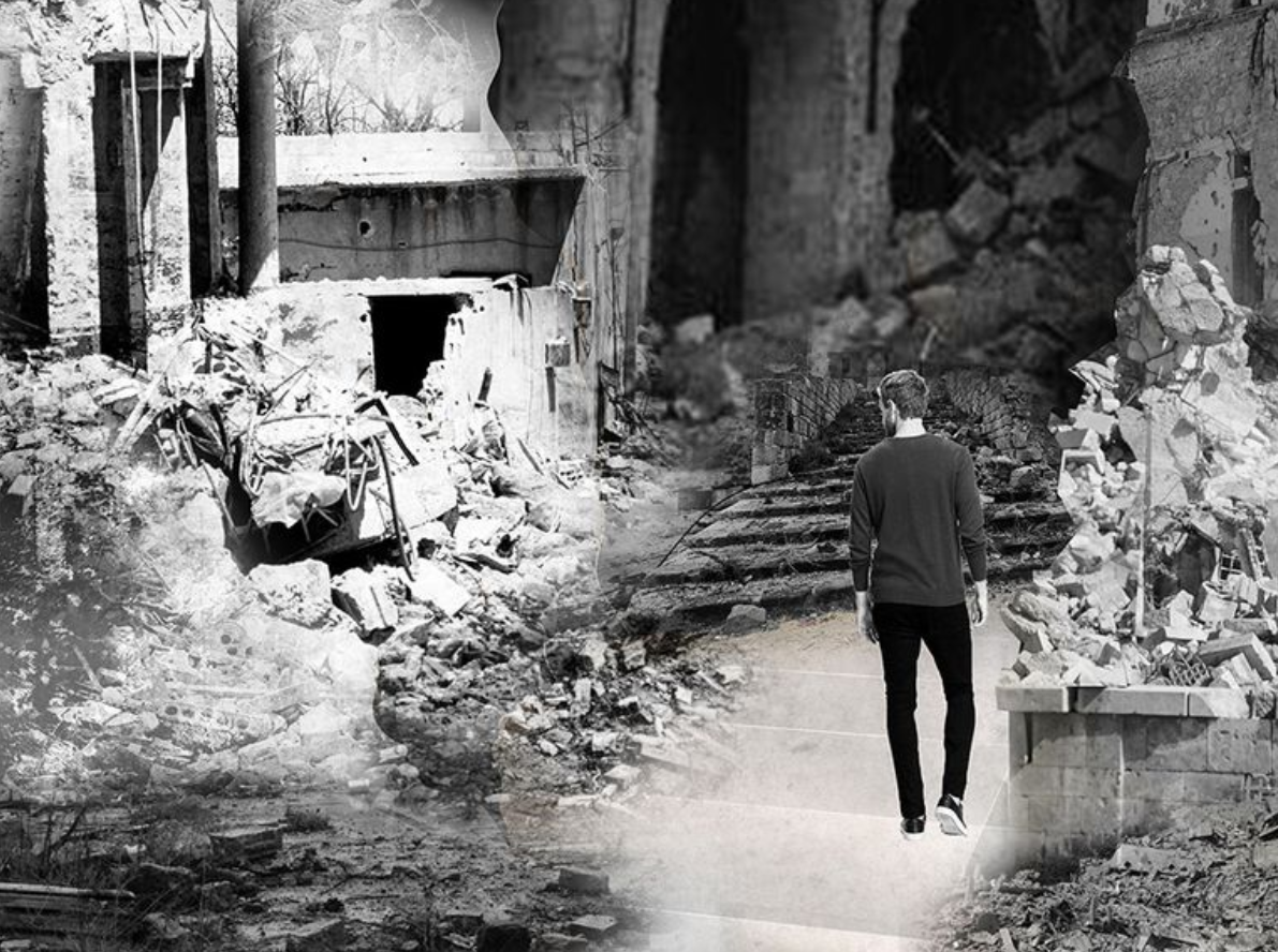 Walking amidst ruins, the journey embodies resilience—transforming devastation into a pathway of hope and renewal.