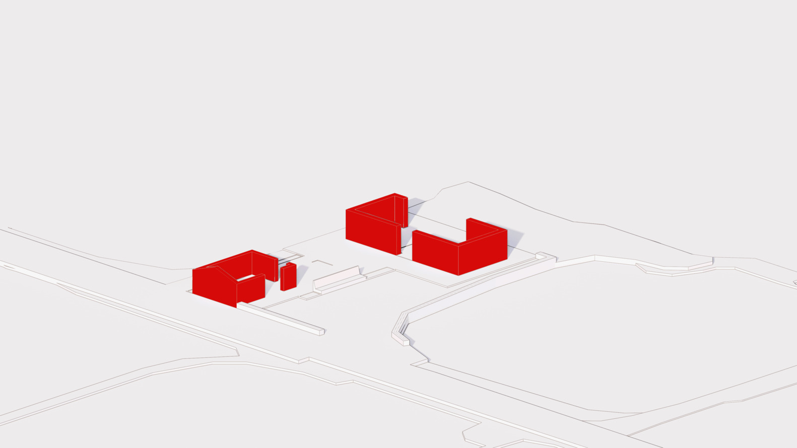 Axonometric diagram highlighting five solid volumes in red against outlined site topography and pathways