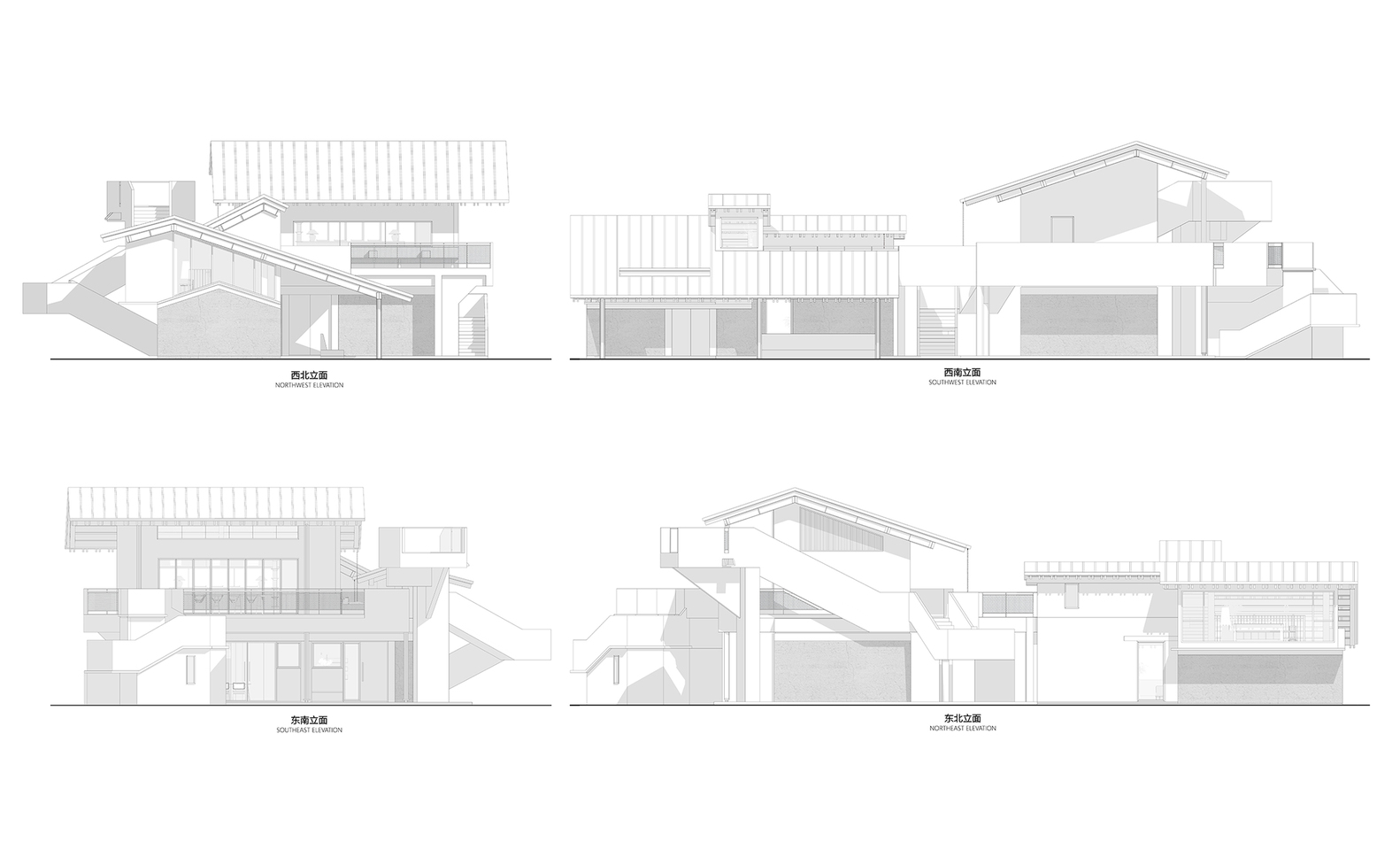 Four elevation drawings showing the various facades with pitched roofs and external stair towers
