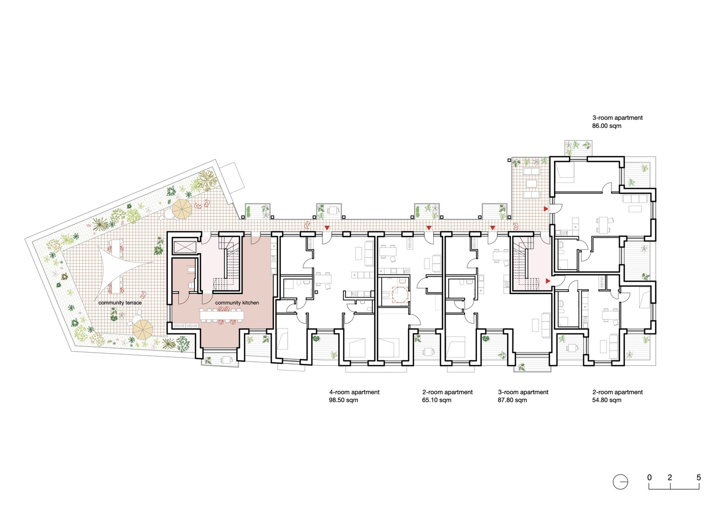 Floor plan featuring residential units with a community kitchen and planted terrace at one end