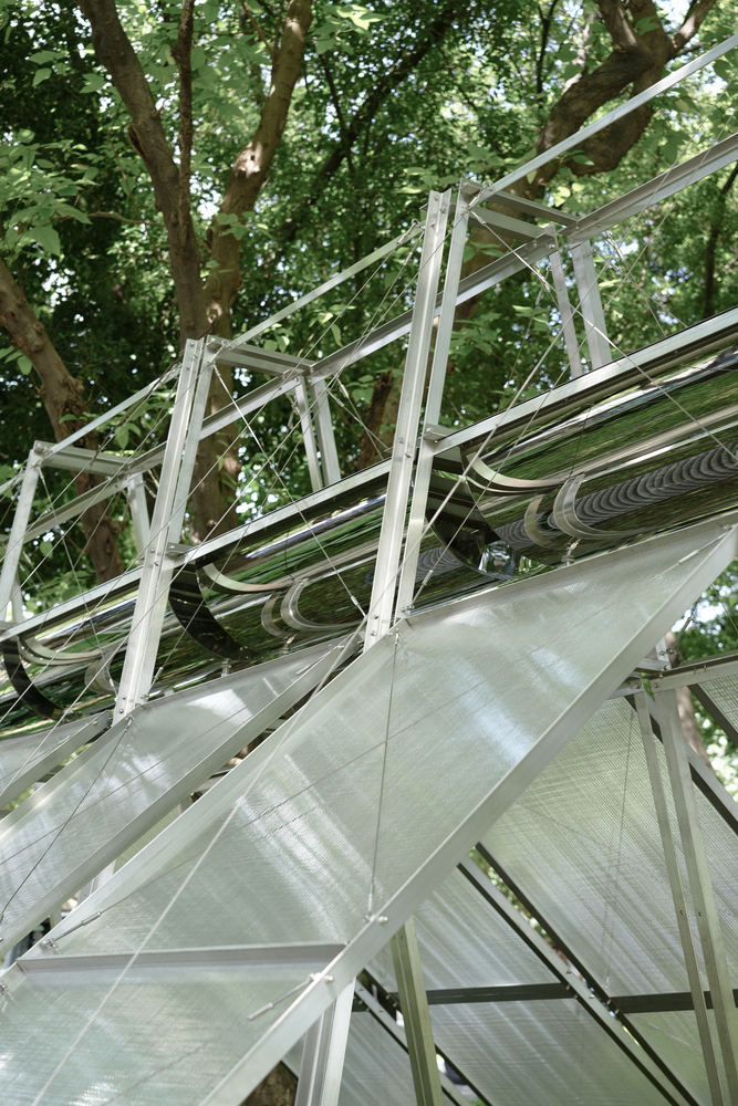 Upward view through translucent corrugated panels and white-painted steel bracing against green canopy above