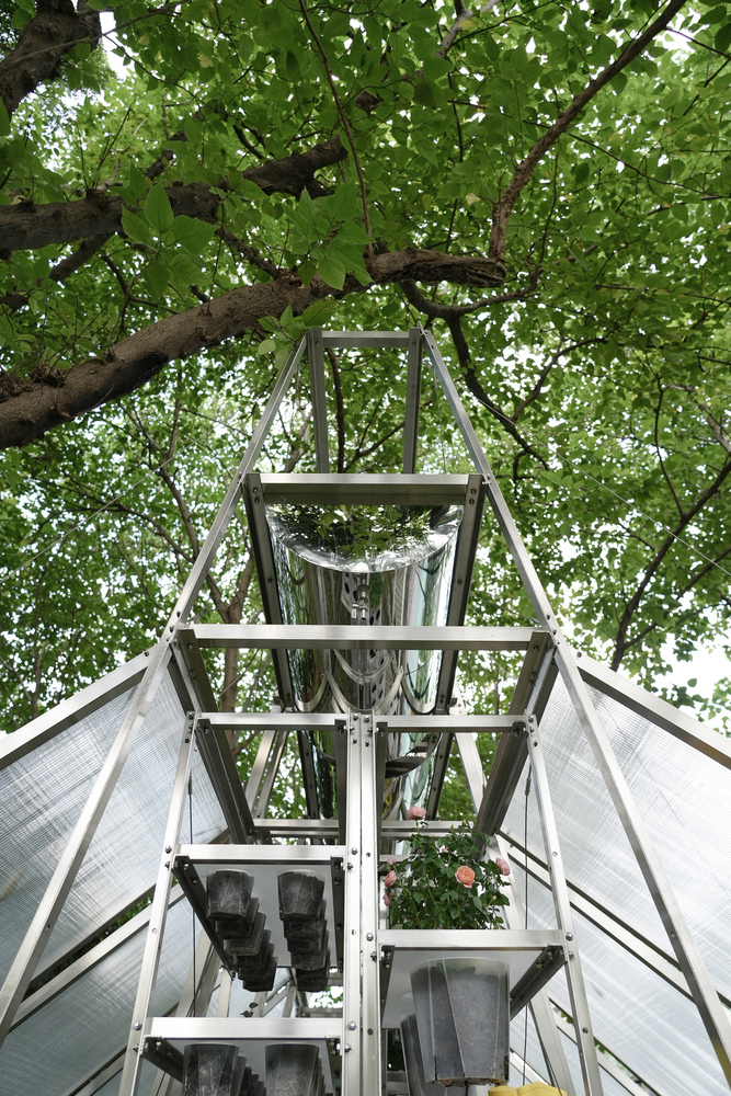 View looking up through the open frame to tree branches and suspended water collection funnel