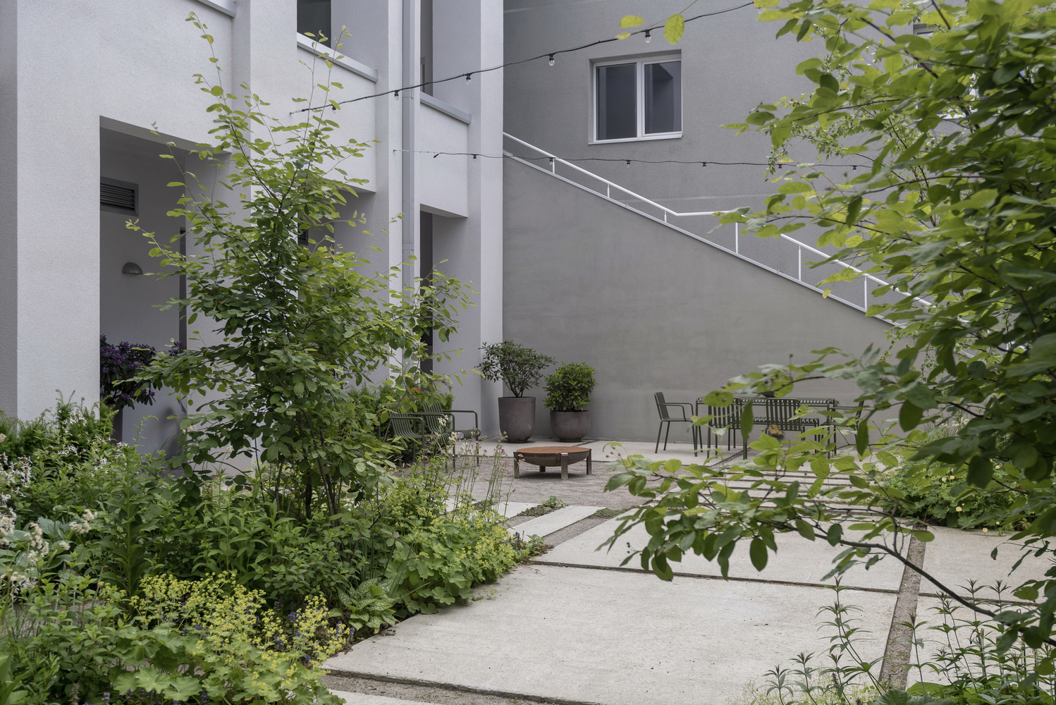 Courtyard garden with trees, seating area and concrete pavers viewed through overhanging foliage