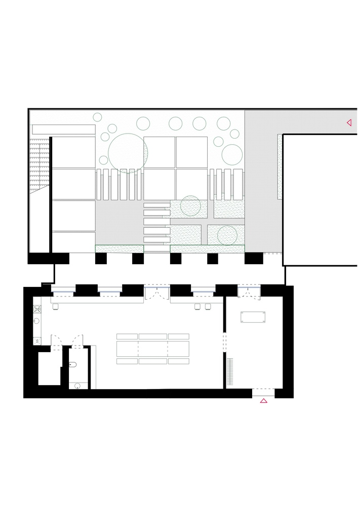 Floor plan drawing showing an interior living space adjacent to a terraced courtyard with circular tree symbols