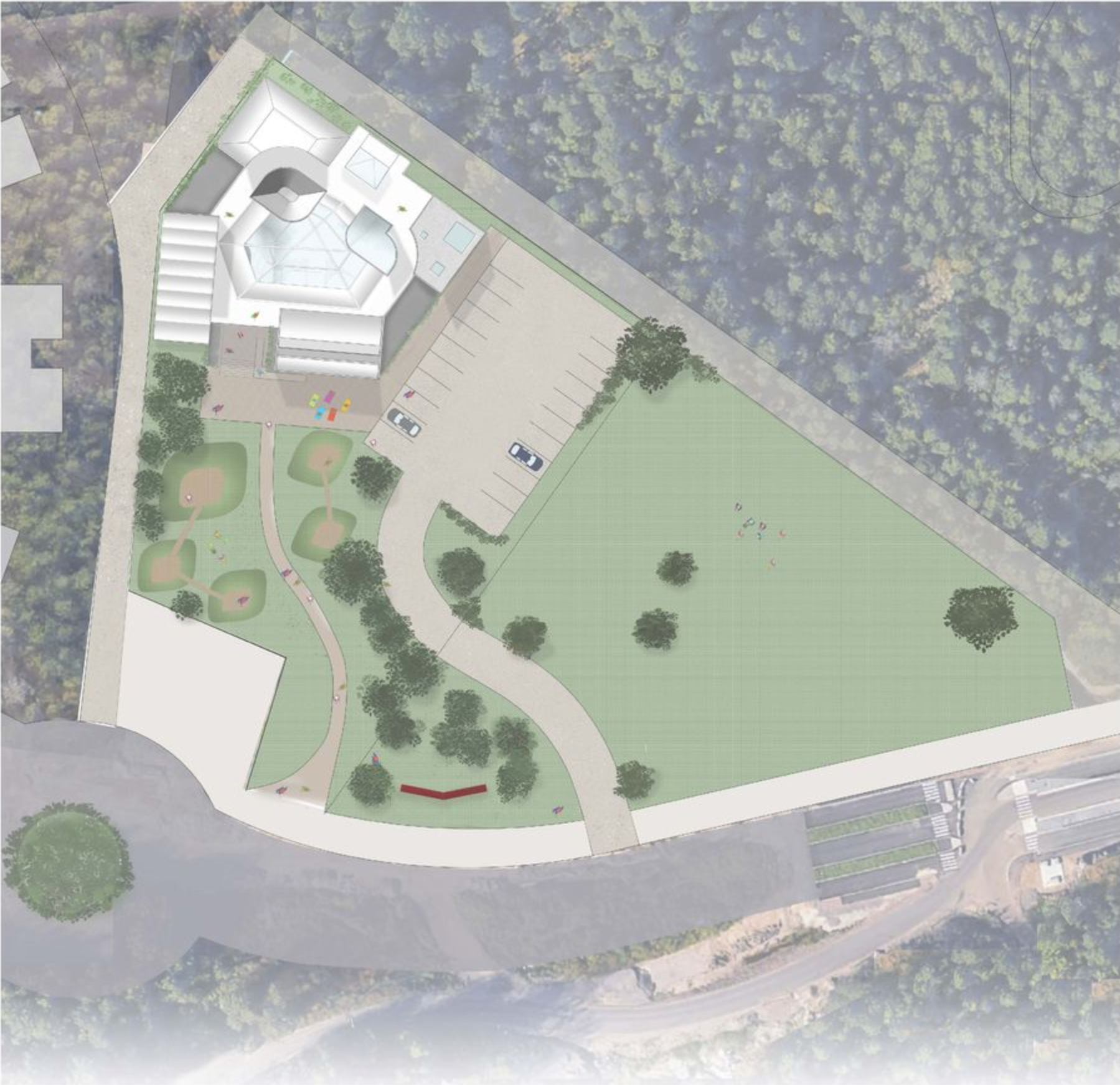 Site Plan: A bird’s-eye view of the school’s location, integrating green spaces, parking, and recreational areas seamlessly.