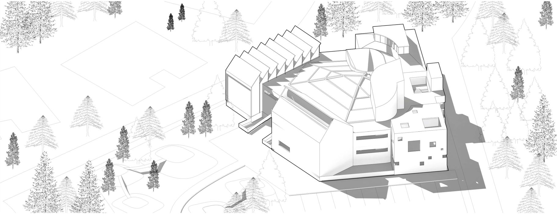 A 3D architectural rendering of the School of ONE, showcasing its unique adaptive design in a serene environment.