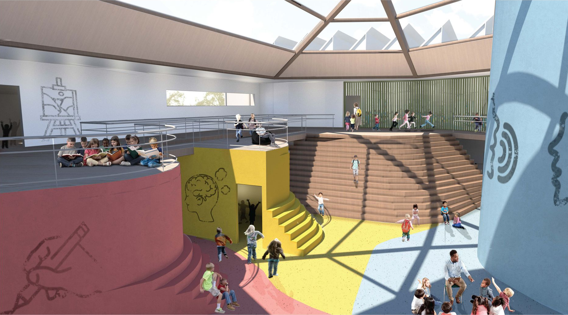 Dynamic Learning Space: Students enjoying the amphitheater-inspired atrium, showcasing flexible and collaborative learning areas.