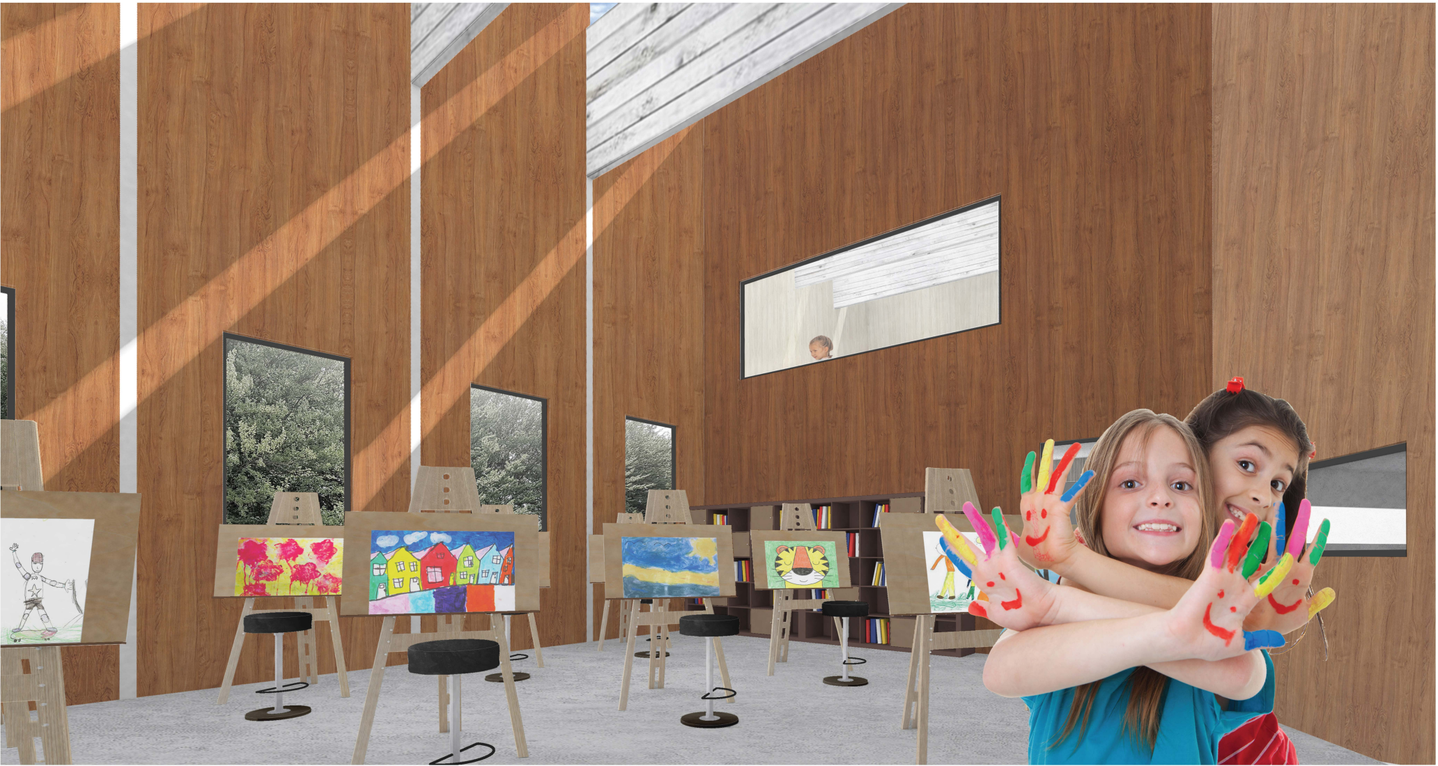 Art Studio: A vibrant and creative art room where students express themselves through colorful and imaginative projects.