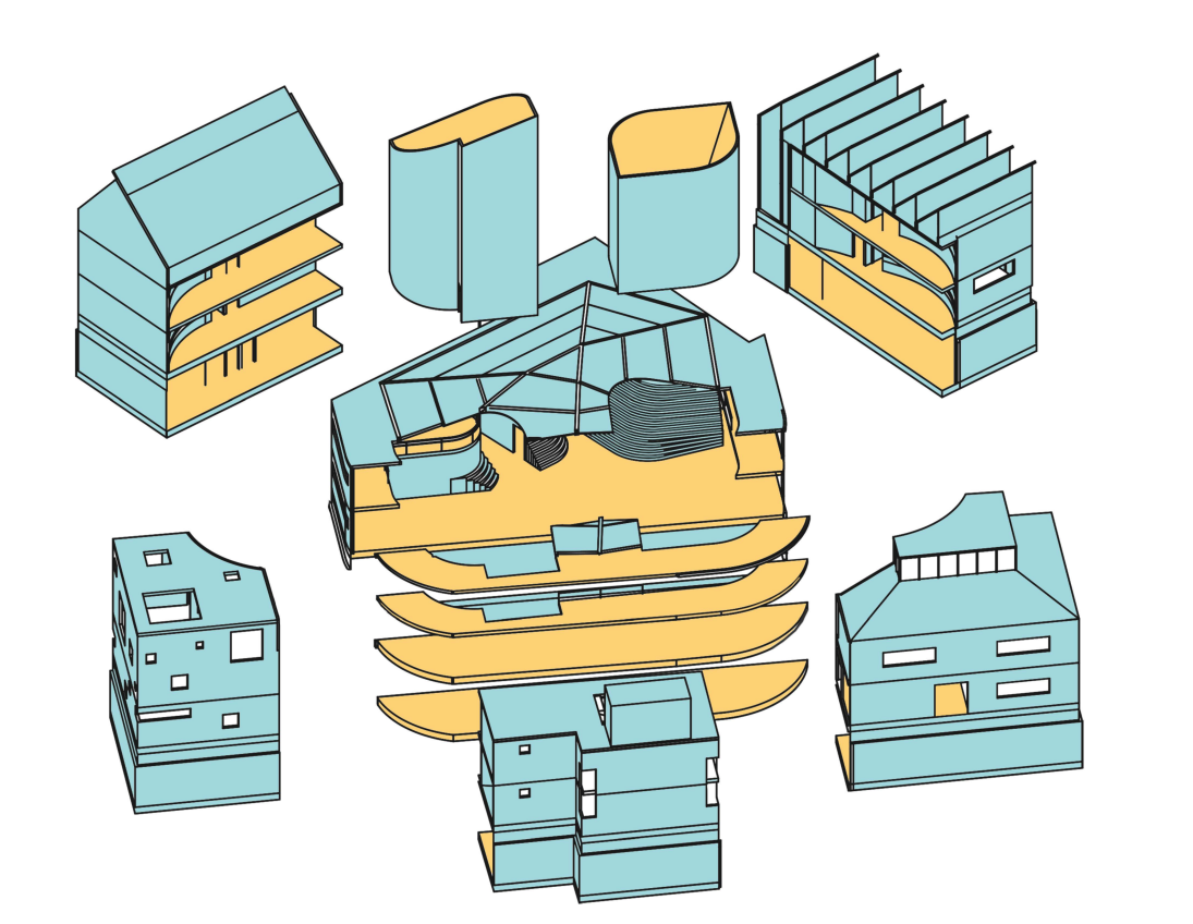 Exploded View: A breakdown of the building’s architectural components, illustrating its innovative structural design.