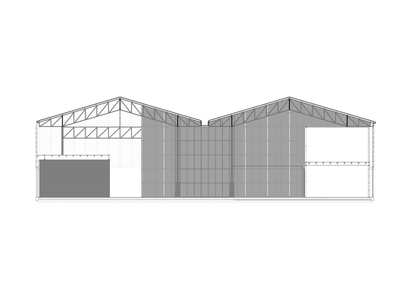 Elevation drawing showing gabled truss roofs over corrugated and gridded wall panels with horizontal openings