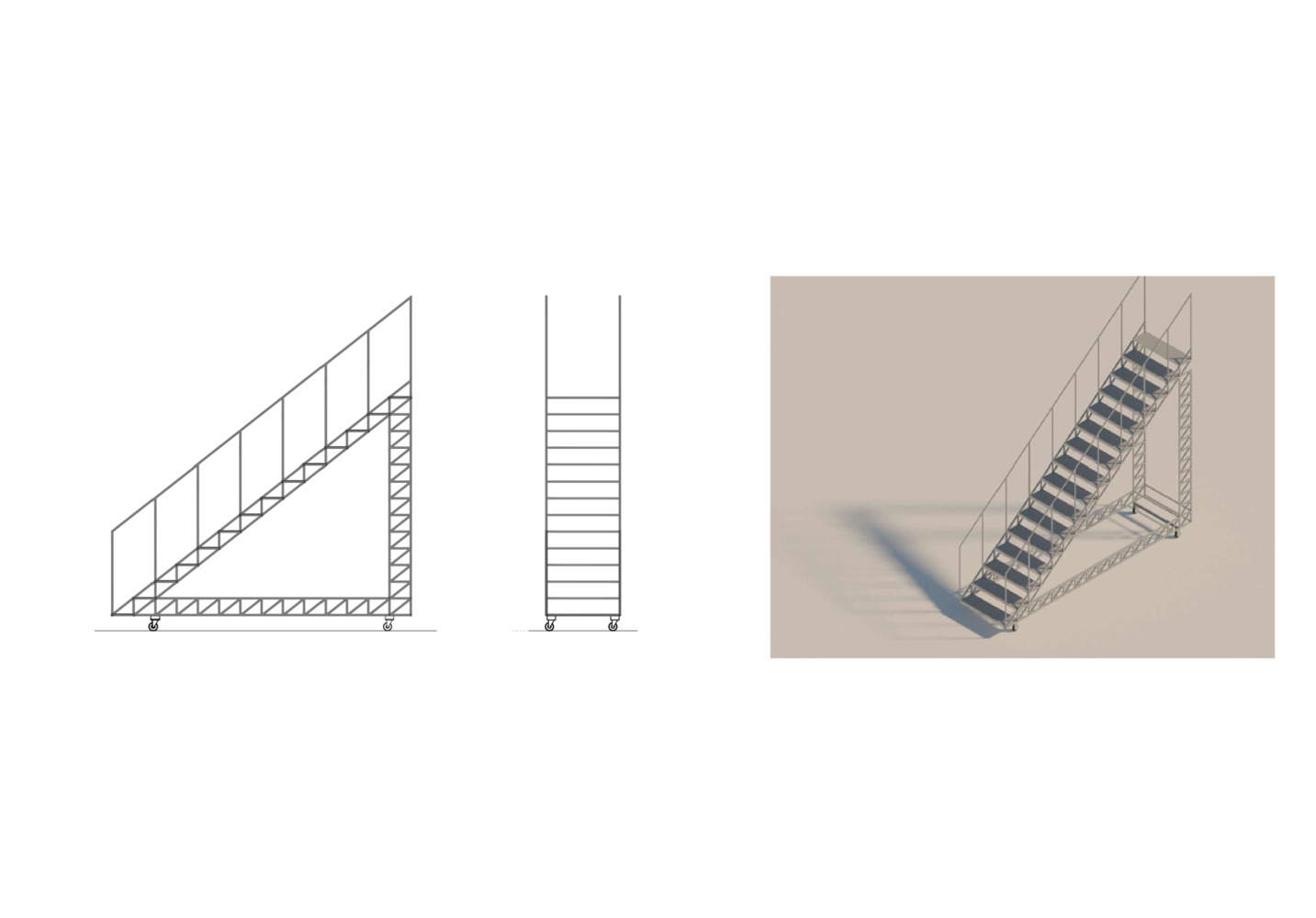 Section drawing and axonometric view of a straight-run staircase with metal treads and railings