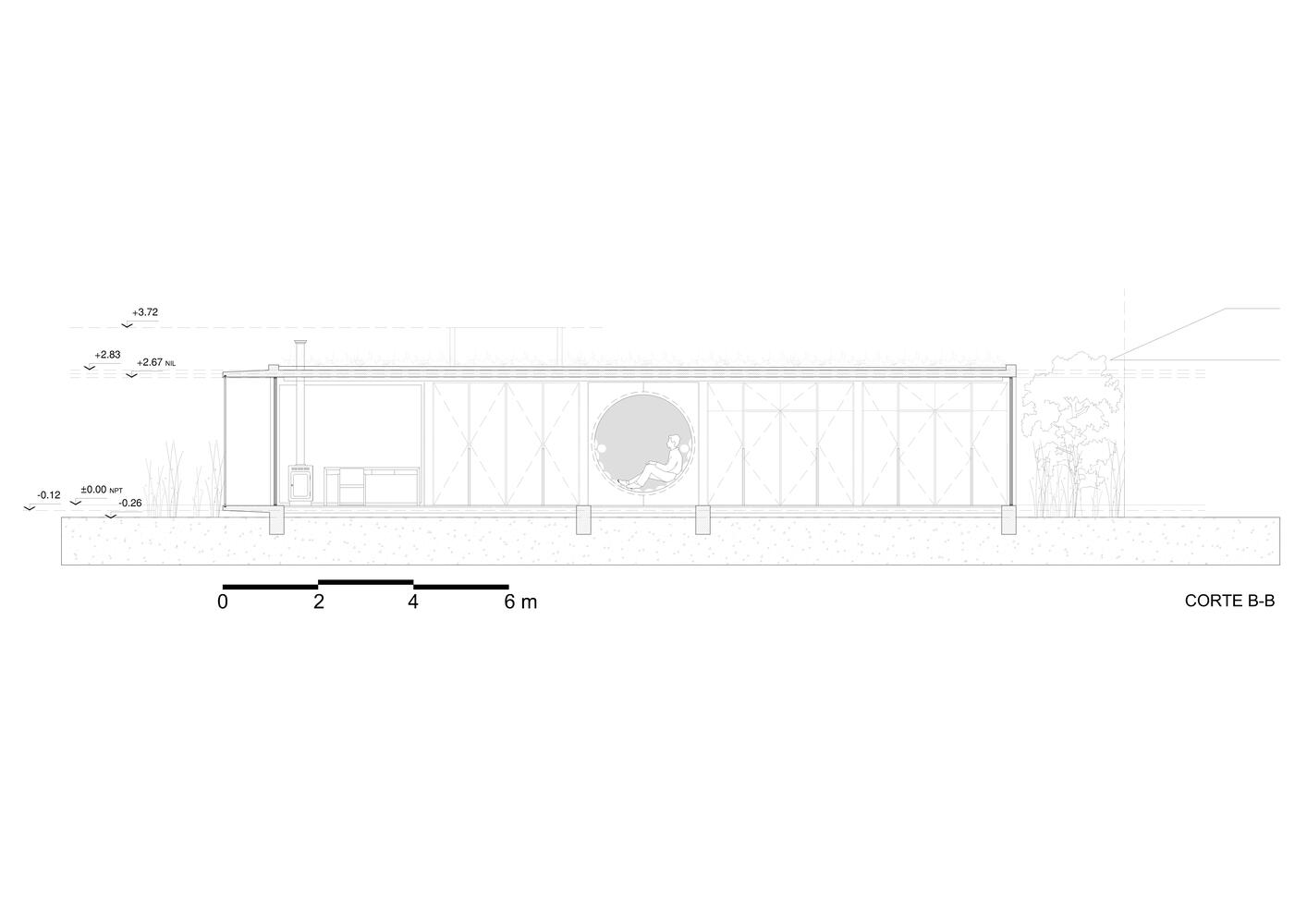 Section drawing showing the raised pavilion with vertical timber panels and a circular window opening