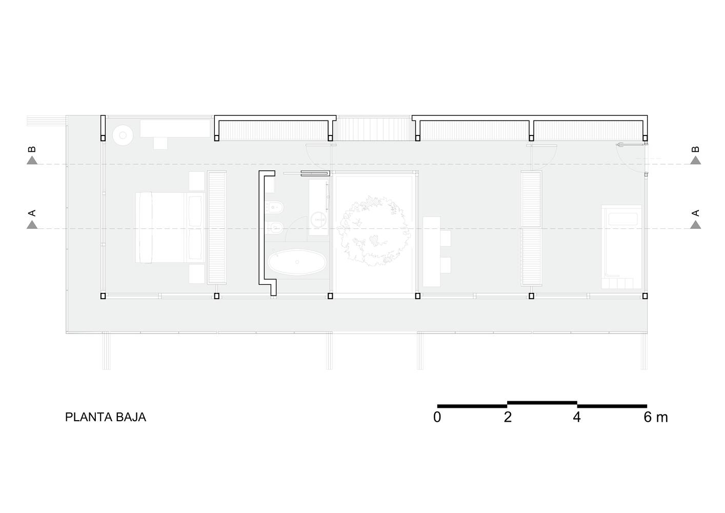Floor plan drawing revealing a linear arrangement of rooms with courtyards and a central tree